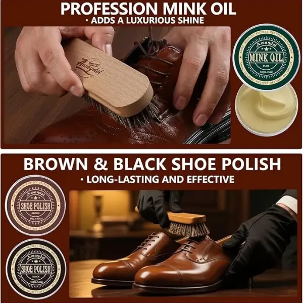12 PCS Shoe Polish Kit - Horsehair Brushes, Black Brown Neutral Polish,Mink Oil Conditioner for Shoes,Polishing Cloth, Leather Boots Shine Care Kit ﻿Gift for Men Cowboy Husband Dad