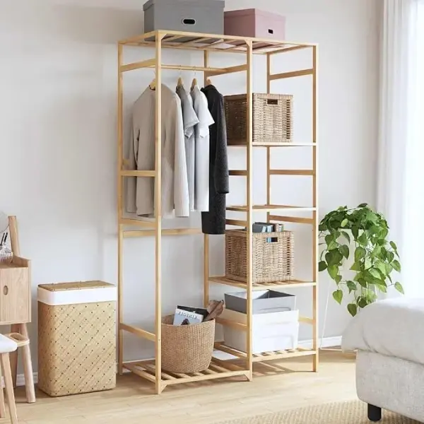 Natural Bamboo Clothes Rack 39.4 in x 19.7 in x 72.6 in, Ample Storage for Clothes Shoes Accessories, Durable Minimalist Design for Bedroom Hallway, Easy Care with Damp