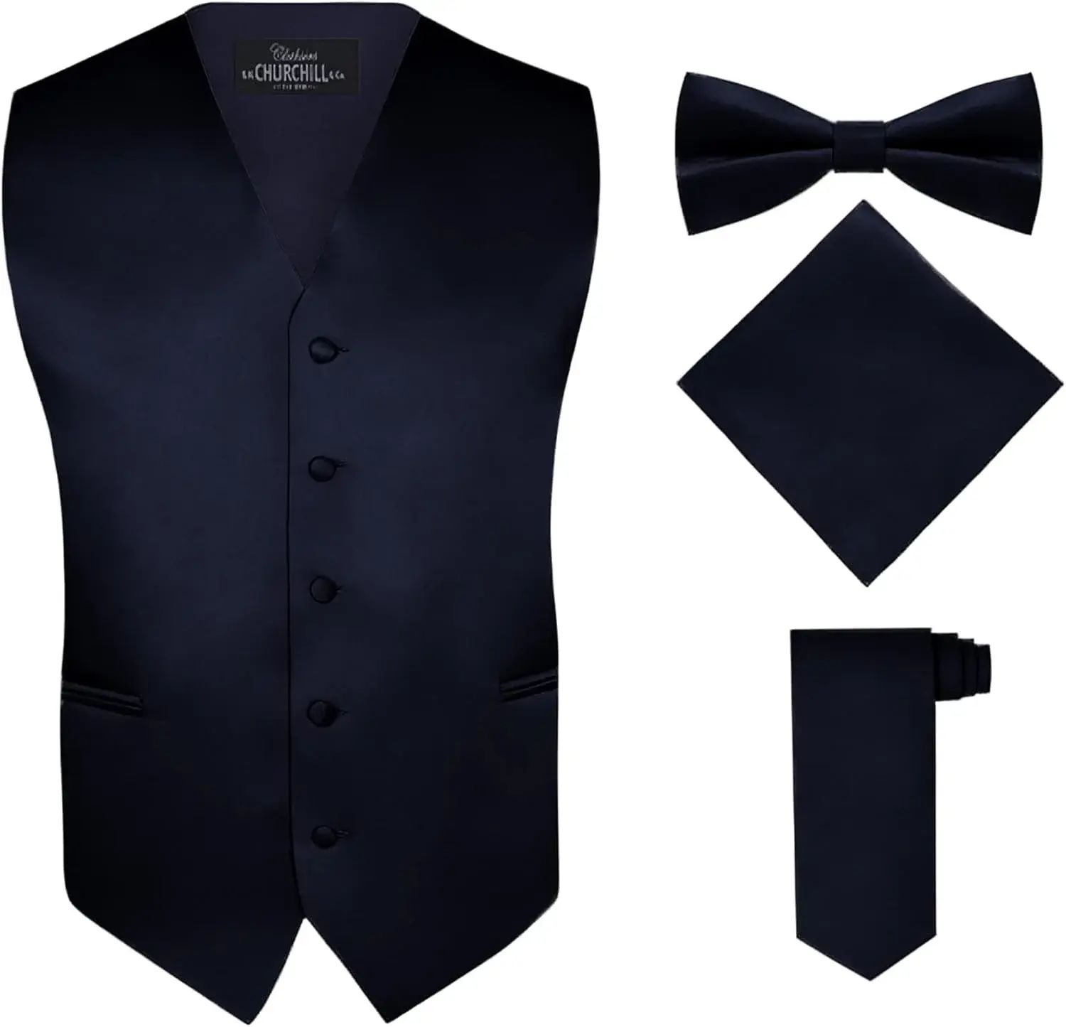 S.H. Churchill & Co. Men's 4 Piece Vest Set, with Bow Tie, Neck Tie & Pocket Hankie