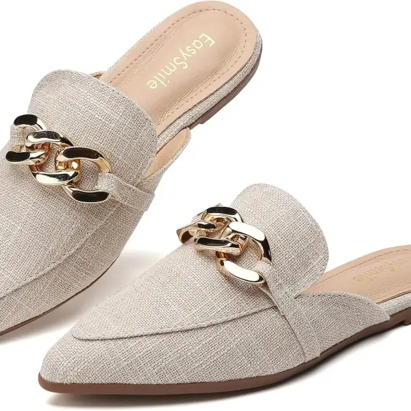 Metal Chain Decor Flat Mules for Women Closed Pointed Toe Slip on Loafers Slides Backless Mules Shoes