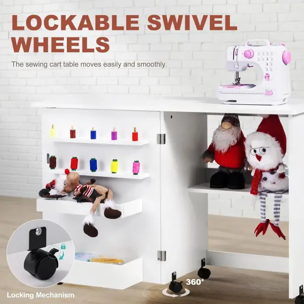 Vividwood Folding Sewing Table, Multipurpose Sewing Machine Table with Compact Design, Wheels, Shelves, Bins, Pegs, Magnetic Locks (White)