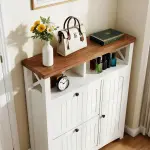 YITAHOME Farmhouse Shoe Cabinet with 2 Flip Drawers, Wood Shoe Rack w/Adjustable Shelves and Open Storage, Rustic Entryway Organizer for Hallway, Foyer, Porch, Living Room, White