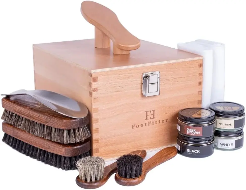 FootFitter Beech Wood Valet Box, Premium Shoe Shine Organizer with Classic Storage for Polish, Brushes, Cloths & Tools