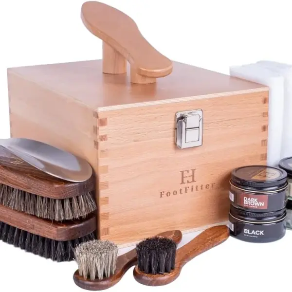 FootFitter Beech Wood Valet Box, Premium Shoe Shine Organizer with Classic Storage for Polish, Brushes, Cloths & Tools