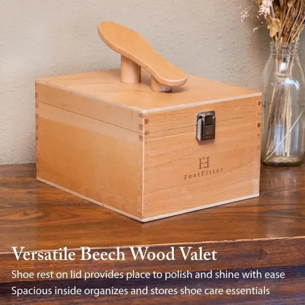 FootFitter Beech Wood Valet Box, Premium Shoe Shine Organizer with Classic Storage for Polish, Brushes, Cloths & Tools