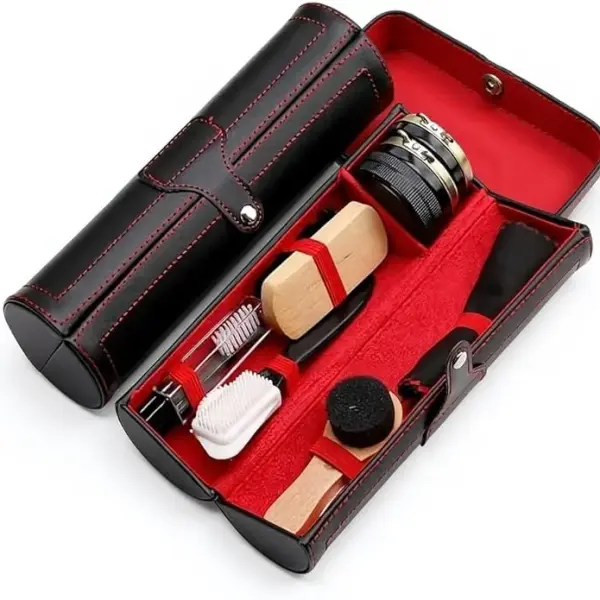Shoe Shine Kit for Leather Shoes & Boots – 9 Piece Shoe Care Kit for Cleaning, Polishing & Restoration with Horsehair Brush, Shoe Polish, Cloth, Shoehorn & Travel Case for Leather Care