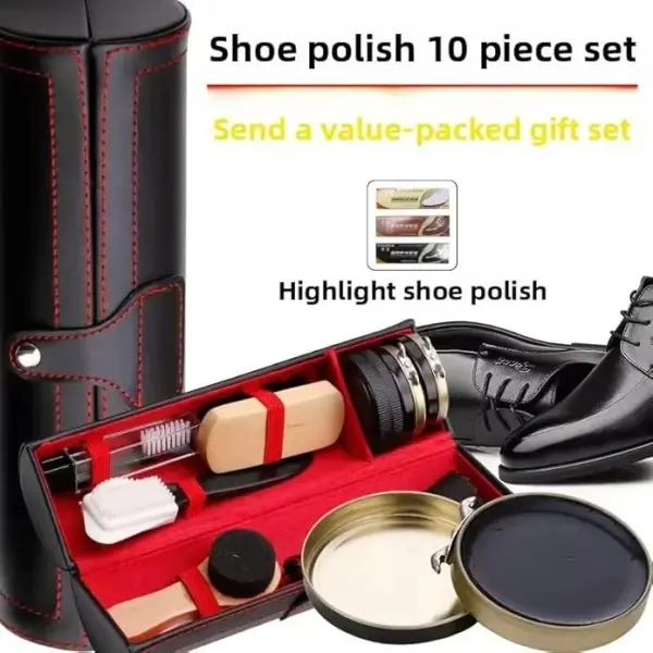 Shoe Shine Kit for Leather Shoes & Boots – 9 Piece Shoe Care Kit for Cleaning, Polishing & Restoration with Horsehair Brush, Shoe Polish, Cloth, Shoehorn & Travel Case for Leather Care