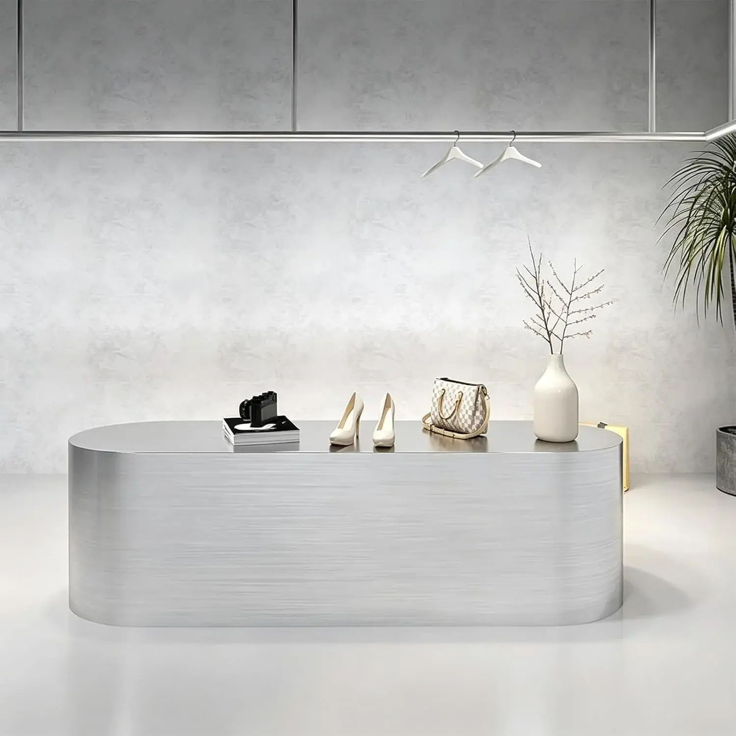 Retail Display Table with Brushed Stainless Steel Oval Base, Oval Shoes Display Stand & Reception Desk Includes Spacious Stainless Steel Countertop for Shopping Mall,51.18IN