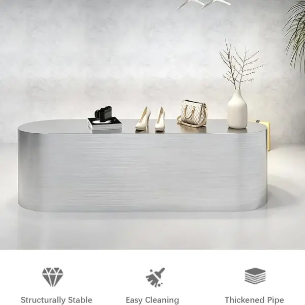 Retail Display Table with Brushed Stainless Steel Oval Base, Oval Shoes Display Stand & Reception Desk Includes Spacious Stainless Steel Countertop for Shopping Mall,51.18IN