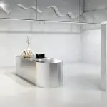 Retail Display Table with Brushed Stainless Steel Oval Base, Oval Shoes Display Stand & Reception Desk Includes Spacious Stainless Steel Countertop for Shopping Mall,51.18IN