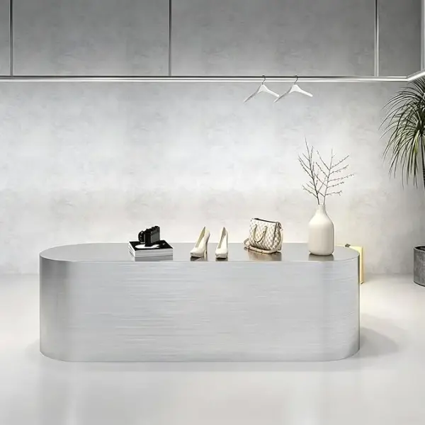 Retail Display Table with Brushed Stainless Steel Oval Base, Oval Shoes Display Stand & Reception Desk Includes Spacious Stainless Steel Countertop for Shopping Mall,51.18IN