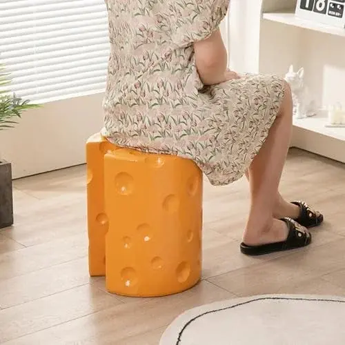 Cheese Shaped Resin Footrest Stool, Creative Cartoon Accent Seat for Bedroom Decor, Lightweight Garden Ottoman Side Table with Anti-Slip Base, Easy Care Home Furniture Accessory