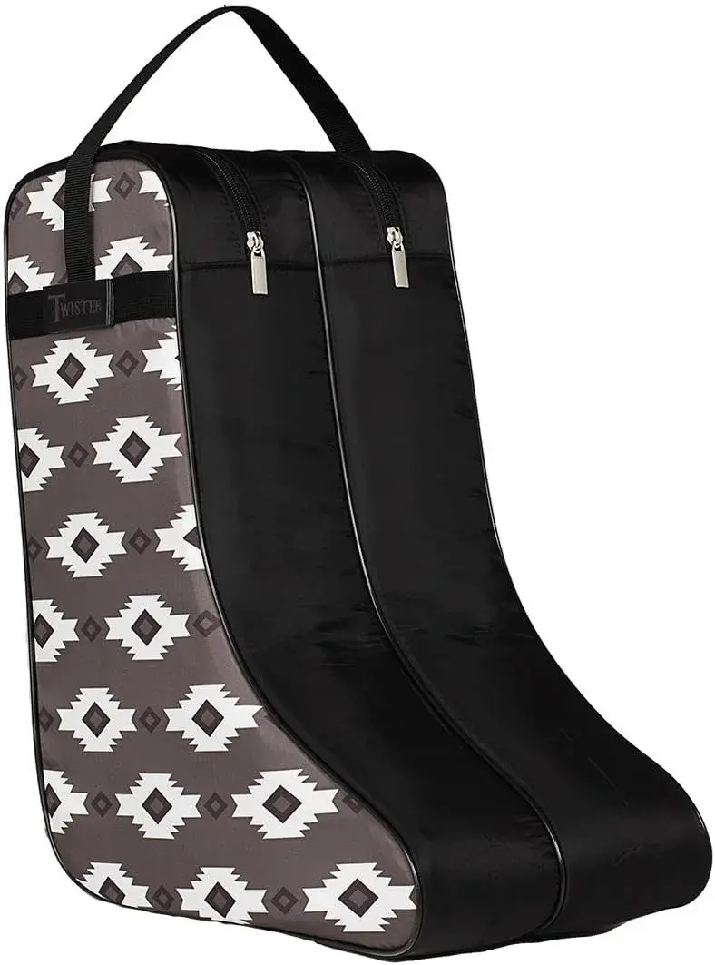 M&F Western Products TWISTER Boot Bag, Black with Grey and White Southwestern Pattern, Nylon Handles and Gussets