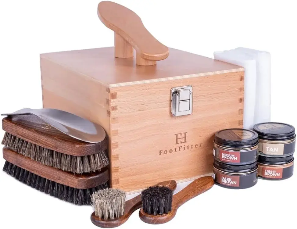 FootFitter Beech Wood Valet Box, Premium Shoe Shine Organizer with Classic Storage for Polish, Brushes, Cloths & Tools