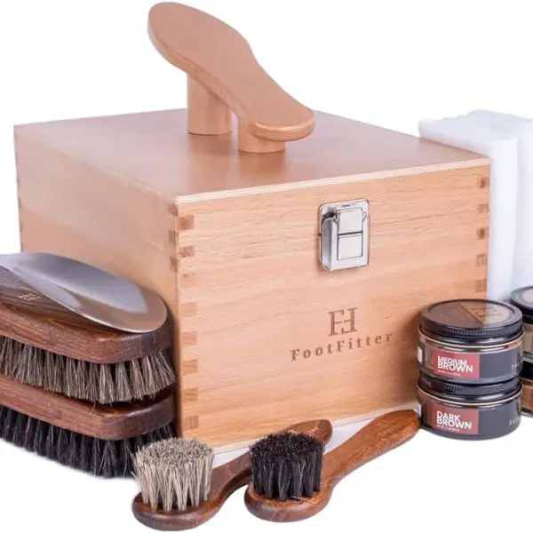 FootFitter Beech Wood Valet Box, Premium Shoe Shine Organizer with Classic Storage for Polish, Brushes, Cloths & Tools