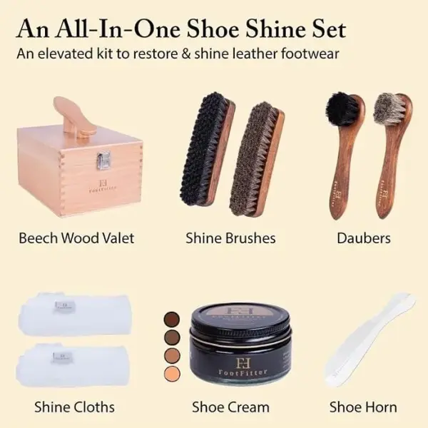 FootFitter Beech Wood Valet Box, Premium Shoe Shine Organizer with Classic Storage for Polish, Brushes, Cloths & Tools