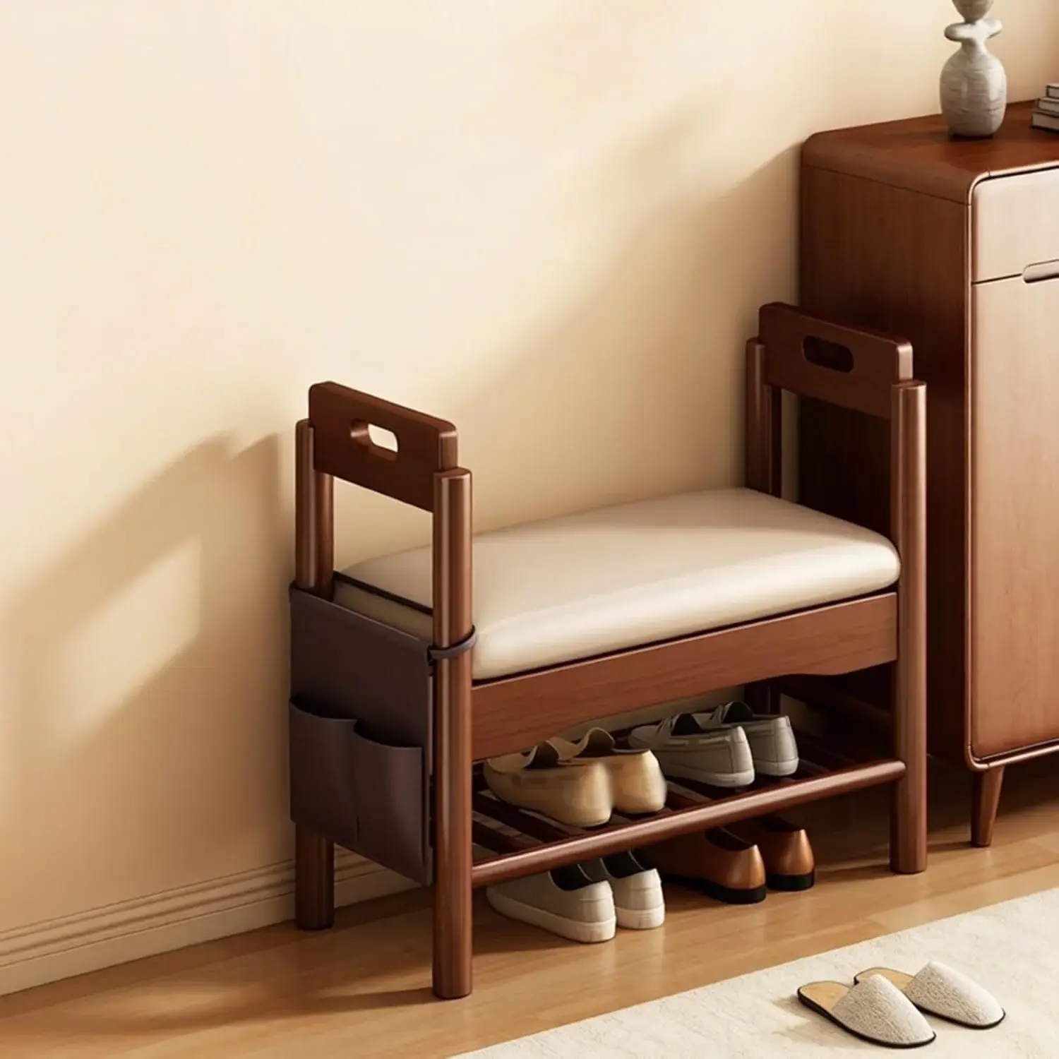 Solid Wood Shoe Storage Bench with Padded Seat and Arm Entryway Bench with Shelf Shoes Organizer Rack for Front Door Entrance Hallway(45 * 30 * 64cm/17.7 * 11.8 * 25.2in)