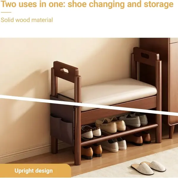 Solid Wood Shoe Storage Bench with Padded Seat and Arm Entryway Bench with Shelf Shoes Organizer Rack for Front Door Entrance Hallway(45 * 30 * 64cm/17.7 * 11.8 * 25.2in)