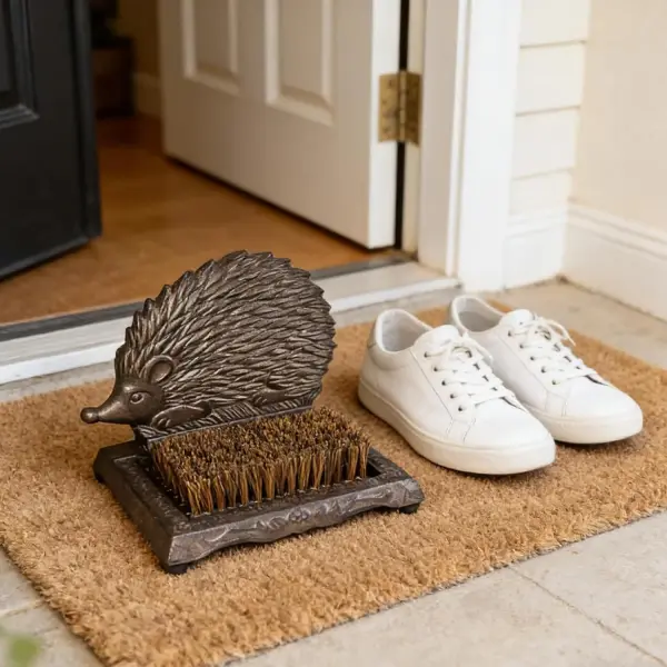 Rust Brown Cast Iron Hedgehog Shoe Brush - 6.6 Inch Height with Heavy Duty Bristles, Decorative Home Accessory for Shoe Cleaning HC3101