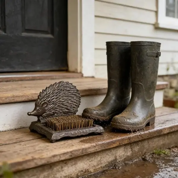 Rust Brown Cast Iron Hedgehog Shoe Brush - 6.6 Inch Height with Heavy Duty Bristles, Decorative Home Accessory for Shoe Cleaning HC3101