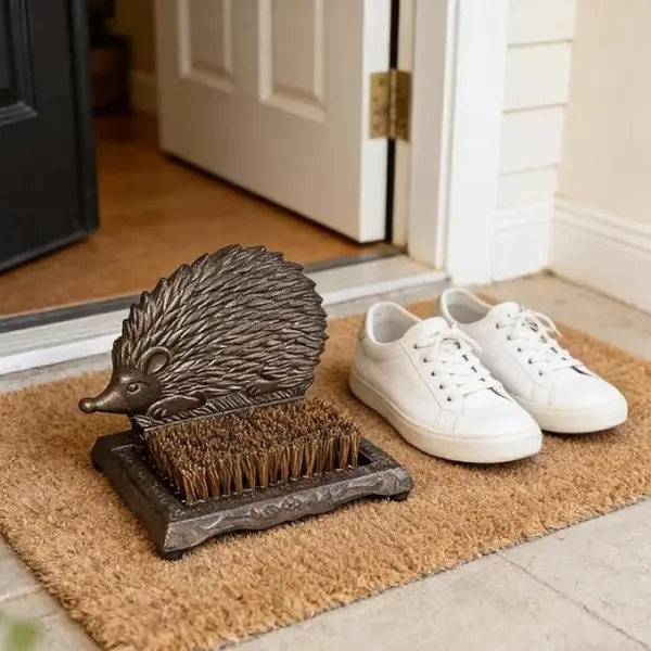 Rust Brown Cast Iron Hedgehog Shoe Brush - 6.6 Inch Height with Heavy Duty Bristles, Decorative Home Accessory for Shoe Cleaning HC3101