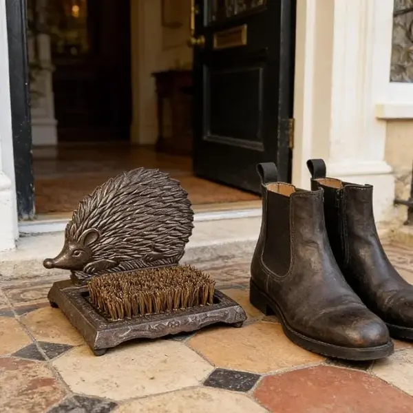 Rust Brown Cast Iron Hedgehog Shoe Brush - 6.6 Inch Height with Heavy Duty Bristles, Decorative Home Accessory for Shoe Cleaning HC3101