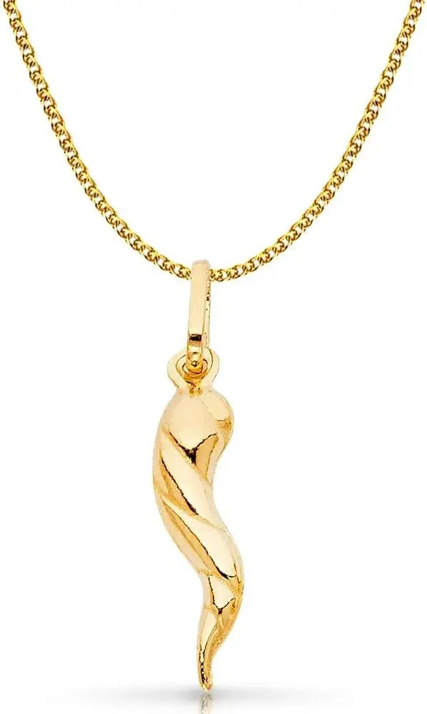 Ioka 14K Yellow Gold Twisted Cornicello Italian Fortune Horn Charm Pendant with 1.2mm Flat Open Wheat Chain Necklace