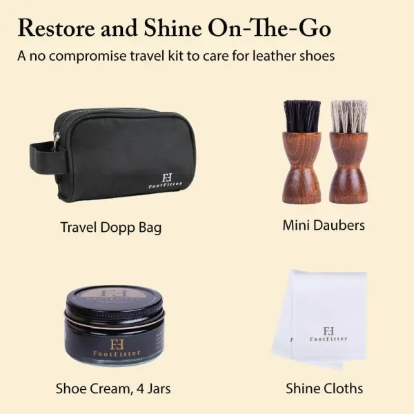 FootFitter Premium Shoe Cream Polish Kit – Leather Conditioning Creams, Shine Cloths, Applicators & Shoe Care Travel Bag