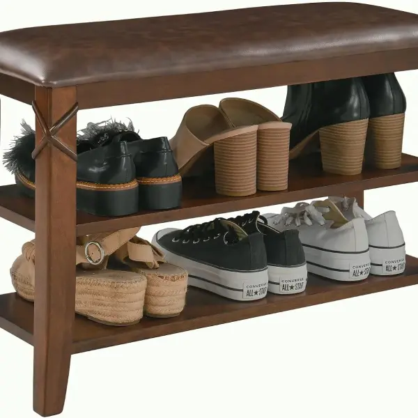 Shoe Storage Bench with Solid Wood Legs, No-tool Assembly, 2-Tier Entry Shoe Rack Bench with PU Cushion, Shoe Organizer, Holds Up to 300 lb, 11.4 x 27.5 x 18.3, Cherry Leg and Embossed Brown HXDDR200