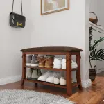 Shoe Storage Bench with Solid Wood Legs, No-tool Assembly, 2-Tier Entry Shoe Rack Bench with PU Cushion, Shoe Organizer, Holds Up to 300 lb, 11.4 x 27.5 x 18.3, Cherry Leg and Embossed Brown HXDDR200