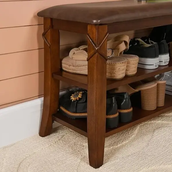 Shoe Storage Bench with Solid Wood Legs, No-tool Assembly, 2-Tier Entry Shoe Rack Bench with PU Cushion, Shoe Organizer, Holds Up to 300 lb, 11.4 x 27.5 x 18.3, Cherry Leg and Embossed Brown HXDDR200