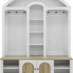 LUMISOL Arched Hall Tree with LED Light, Wide Entryway Bench with Bench and Shoe Storage, White+Walnut