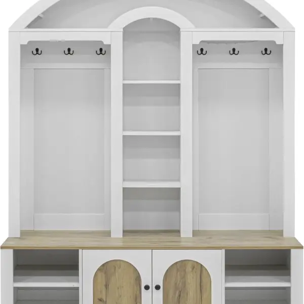 LUMISOL Arched Hall Tree with LED Light, Wide Entryway Bench with Bench and Shoe Storage, White+Walnut