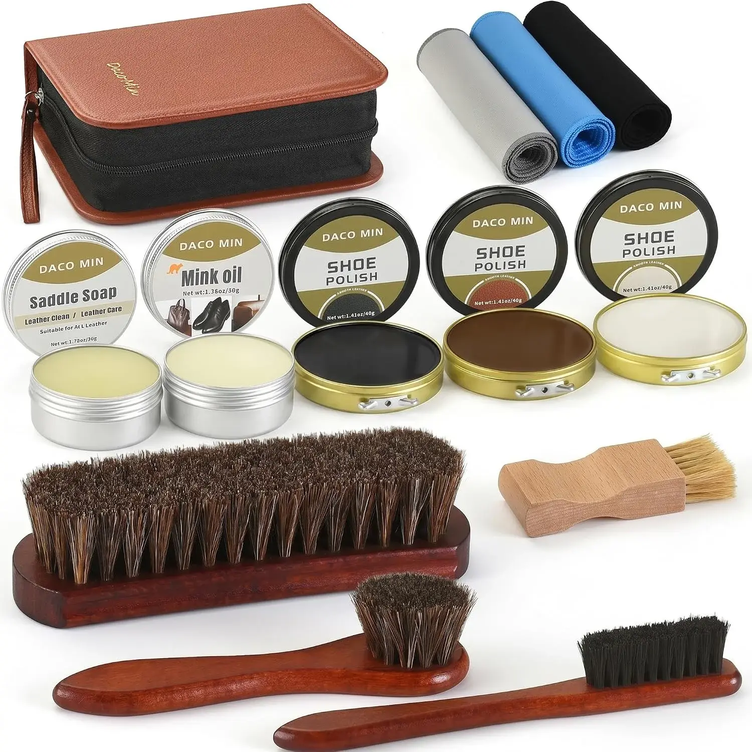 13-Pcs Complete Shoe Shine Kit & Leather Boot Care and Cleaning Kit - 100% Horsehair Brushes, Mink Oil, Saddle Soap, Shoe Polish Kit with Manual & Travel Case - Gift for Dad Husband Father