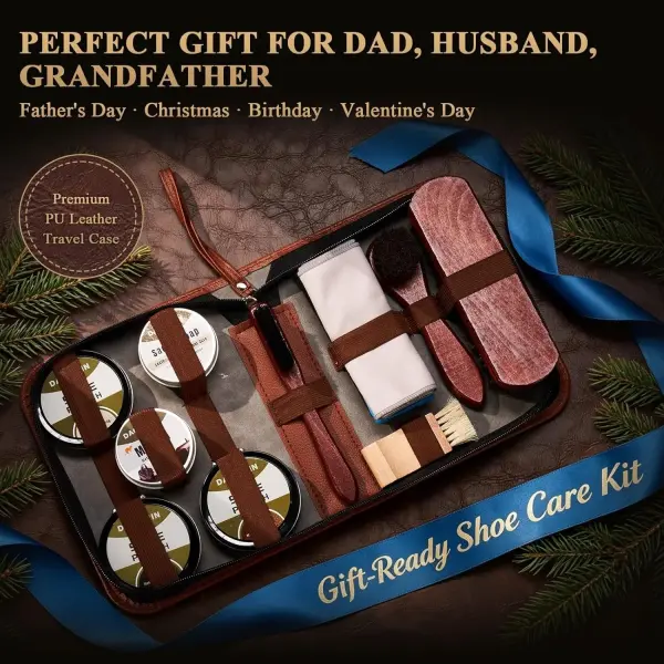 13-Pcs Complete Shoe Shine Kit & Leather Boot Care and Cleaning Kit - 100% Horsehair Brushes, Mink Oil, Saddle Soap, Shoe Polish Kit with Manual & Travel Case - Gift for Dad Husband Father