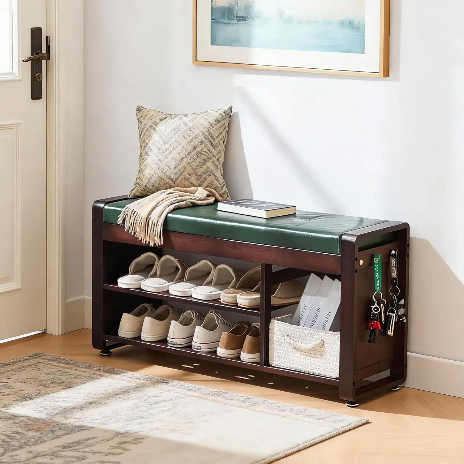 Nnewvante 37.4" Shoe Rack Bench with Leather Cushion, 3-Tier Bamboo Shoe Storage Bench with Drawer and 3 Side Hooks, Sturdy Entryway Bench Supports 330 lb for Hallway, Living Room, Bedroom