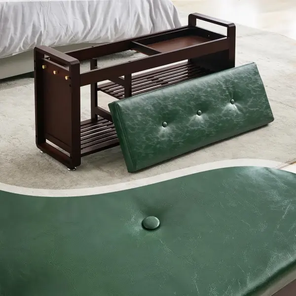 Nnewvante 37.4" Shoe Rack Bench with Leather Cushion, 3-Tier Bamboo Shoe Storage Bench with Drawer and 3 Side Hooks, Sturdy Entryway Bench Supports 330 lb for Hallway, Living Room, Bedroom