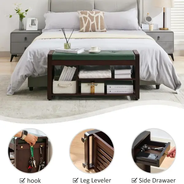 Nnewvante 37.4" Shoe Rack Bench with Leather Cushion, 3-Tier Bamboo Shoe Storage Bench with Drawer and 3 Side Hooks, Sturdy Entryway Bench Supports 330 lb for Hallway, Living Room, Bedroom
