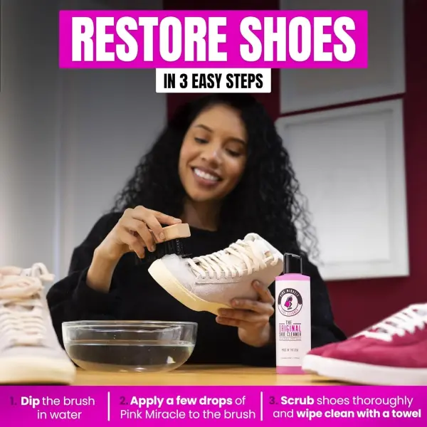 Pink Miracle Shoe Cleaner Kit with Bottle and Brush For Fabric Cleaner For Leather, Whites, Suede and Nubuck Sneakers