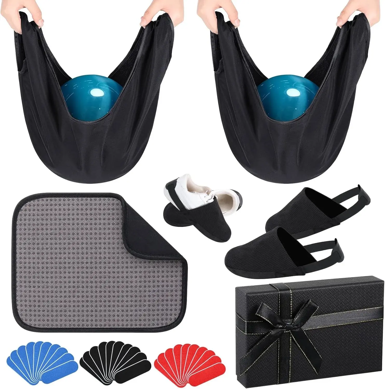 Geiserailie 36 Pcs Bowling Ball Basics Accessory Kits Gifts Wrist Support Brace Bowling Thumb Tape Shoe Protector Covers Ball Seesaw Microfiber Balls Polisher Towel for Sport Equipment