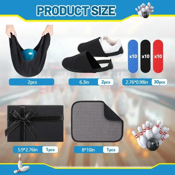 Geiserailie 36 Pcs Bowling Ball Basics Accessory Kits Gifts Wrist Support Brace Bowling Thumb Tape Shoe Protector Covers Ball Seesaw Microfiber Balls Polisher Towel for Sport Equipment