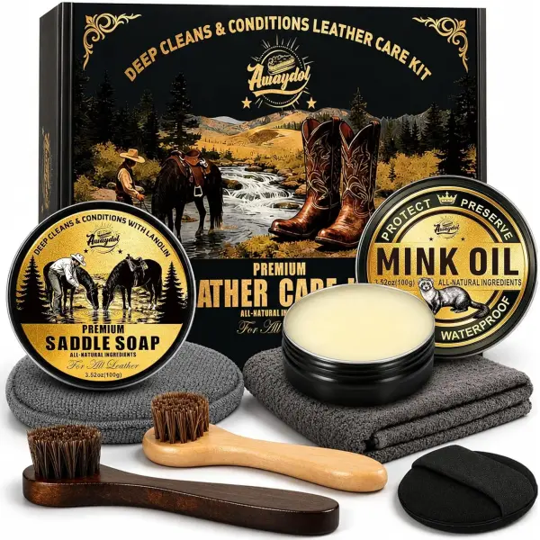 Leather Boot Care Kit – Mink Oil,Saddle Soap for Leather, Applicators & Sponge,Flannel bag – Leather Care Kit,Boot Cleaning Kit,Leather Shoe Care Kit for Cowboy Boots,Work Boots,Shoes