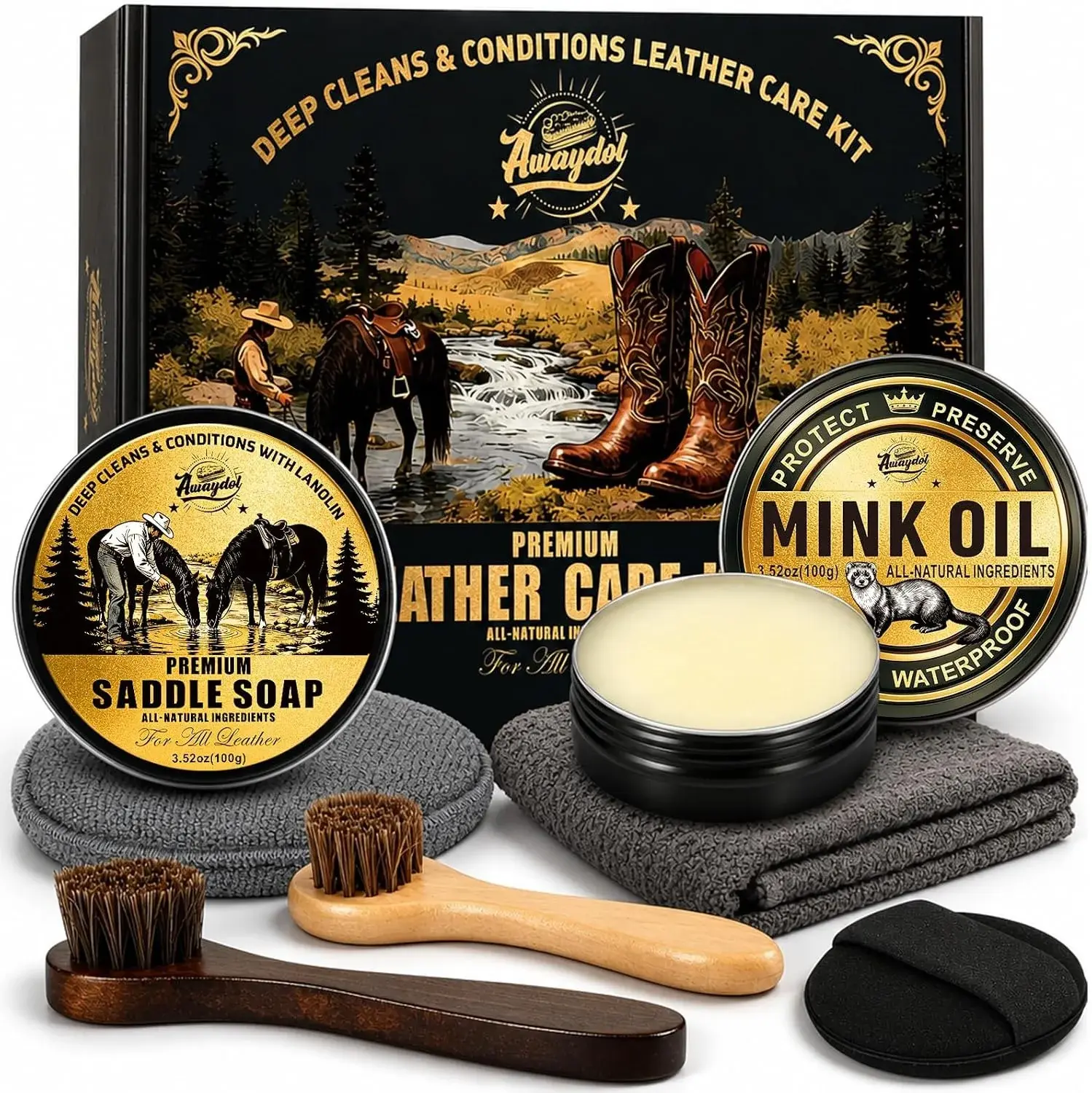Leather Boot Care Kit – Mink Oil,Saddle Soap for Leather, Applicators & Sponge,Flannel bag – Leather Care Kit,Boot Cleaning Kit,Leather Shoe Care Kit for Cowboy Boots,Work Boots,Shoes