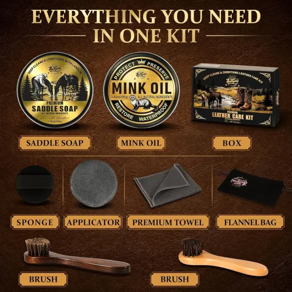 Leather Boot Care Kit – Mink Oil,Saddle Soap for Leather, Applicators & Sponge,Flannel bag – Leather Care Kit,Boot Cleaning Kit,Leather Shoe Care Kit for Cowboy Boots,Work Boots,Shoes