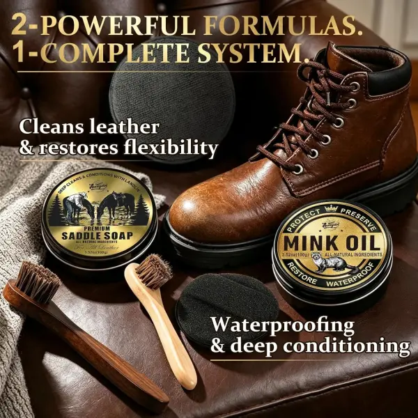 Leather Boot Care Kit – Mink Oil,Saddle Soap for Leather, Applicators & Sponge,Flannel bag – Leather Care Kit,Boot Cleaning Kit,Leather Shoe Care Kit for Cowboy Boots,Work Boots,Shoes