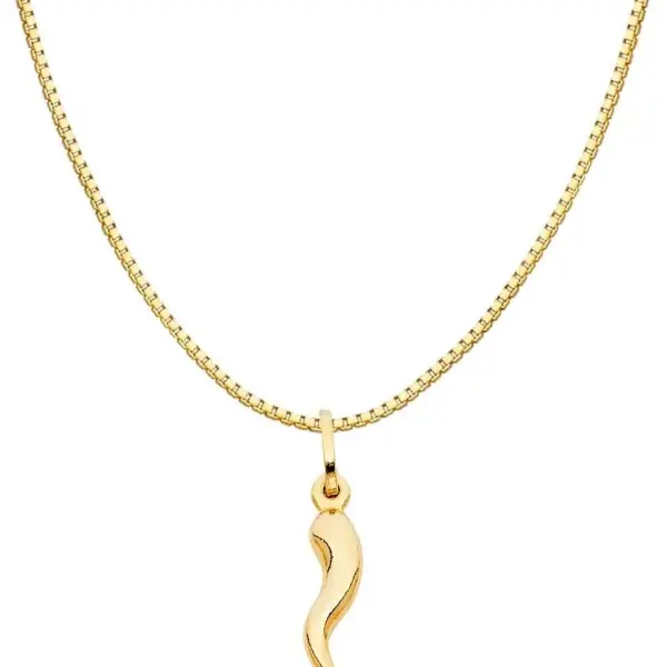 Ioka 14K Yellow Gold Cornicello Italian Horn Necklace Good Luck Charm Pendant with 0.8mm Box Chain