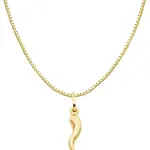Ioka 14K Yellow Gold Cornicello Italian Horn Necklace Good Luck Charm Pendant with 0.8mm Box Chain