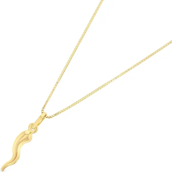 Ioka 14K Yellow Gold Cornicello Italian Horn Necklace Good Luck Charm Pendant with 0.8mm Box Chain