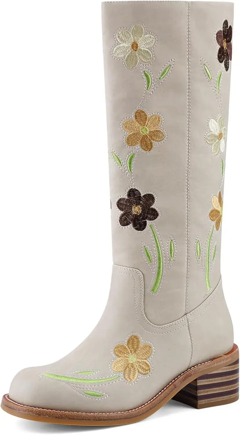 VBDB Women's Knee High Boots Square Toe Chunky Block Heel Long Boots for Women Comfortable Low Heel Womens Boots