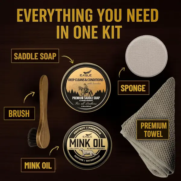Leather Boot Care Kit – Mink Oil, Saddle Soap for Leather, Applicators & Cloth – Leather Care Kit, Boot Leather Care Kit, Leather Shoe Care Kit for Cowboy Boots, Work Boots, Shoes, and Tack
